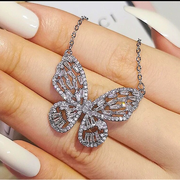 Platinum Butterfly Matching Zircon Necklace Earrings Ring Silver Set - Picture 10 of 11
